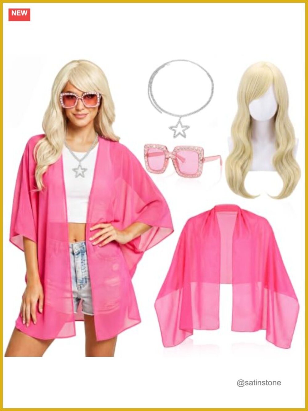 4 Pc Y2K Costume Set Chiffon Shirt Glasses Blonde Wig Silver Plated Necklace